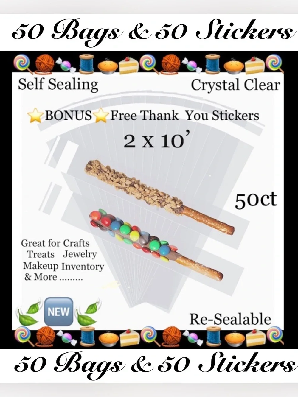 50ct 2x10’ Clear Cello Bags w/50ct Free Stickers 🍃🆕🍃Crystal Clear~ Resealable…
